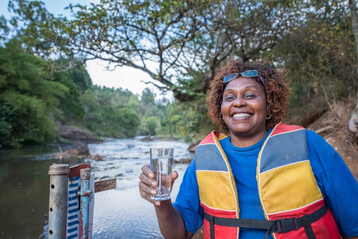 This is Jane Njoroge at the gauge monitoring station at Gura River. The WARMA team, who have partnered with the NWF, come at least once a month with their equipment to measure water quality (sediment levels), water quantity (volumn) and use a Acoustic Doppler Current Profiler (ADCP)- the boat looking tool-to measure the depth, width and flow of the water. WARMA employs 2 locals to measure the water levels twice a day using the water stick. WARMA team: Faith Mbathi (wearing waders), Jane Njoroge (big hair), Wangombe Thuku (bearded man), Michael Muthoro (computer guy).